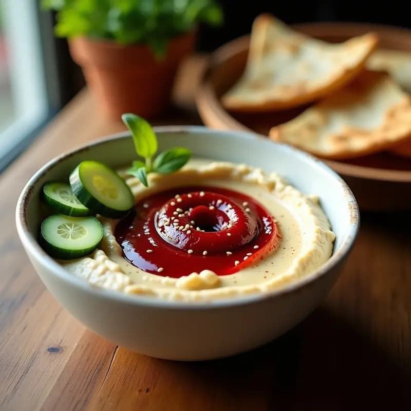 Bol de barro con Baba Ganoush cremoso, cubierto por hilos brillantes de grenadina de granada y semillas rojas de granada fresca. Acompañado de pan de pita tostado y decorado con hojas de menta verde. Plato con texturas contrastantes y colores vibrantes, típico de la cocina árabe.