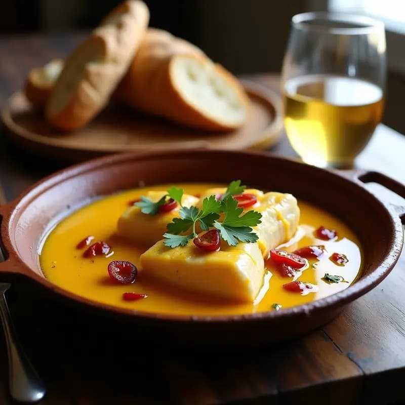 Cazuela de barro humeante con lomos de bacalao al pil-pil bañados en salsa cremosa de color dorado, ajo laminado, trozos de ñoras y perejil fresco. Plato tradicional vasco con textura sedosa y sabores intensos.