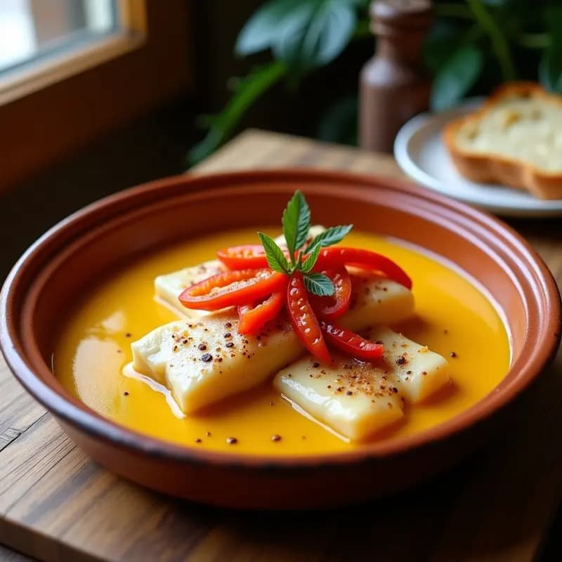Plato hondo de barro con bacalao al pil-pil cubierto de salsa emulsionada dorada y tiras de pimientos choriceros, receta tradicional vasca de sabor intenso.