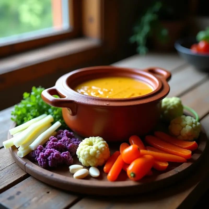 Olla de barro humeante con bagna càuda piamontesa, una fondue italiana de ajo y anchoas, rodeada de verduras de temporada como cardos, coliflor, pimientos asados y cebolleta, dispuestas en una bandeja rústica de madera.