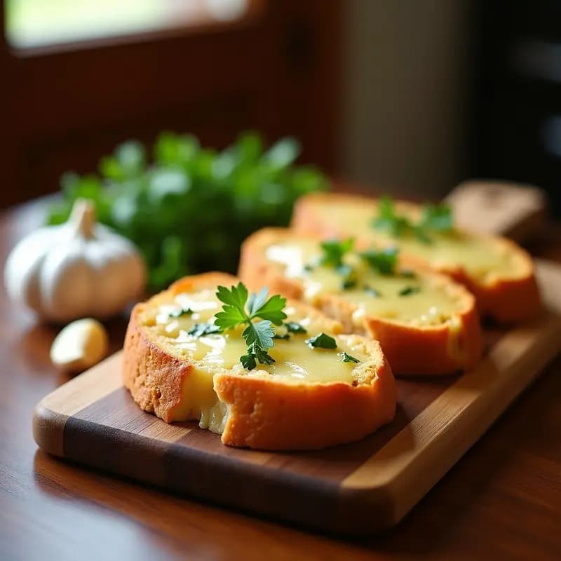 Rebanadas doradas de baguette con queso Gruyère fundido y burbujeante, espolvoreadas con perejil fresco, servidas en una tabla de madera rústica. Receta de Baguette de Pan de Ajo con Queso Gruyère en Airfryer.