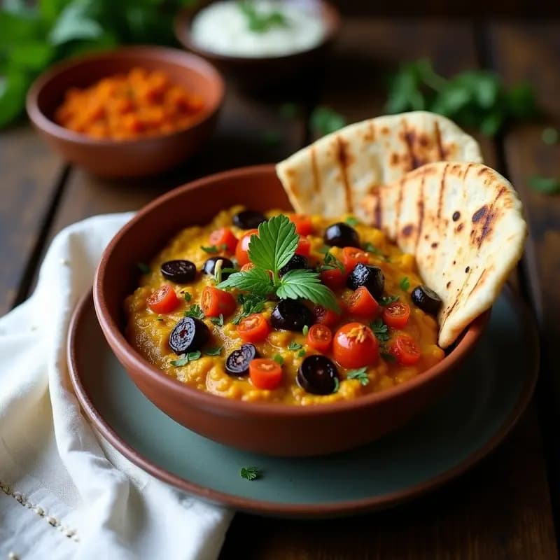 Plato tradicional indio de Baingan Bharta vegano y ahumado, con berenjena asada desmenuzada, tomates caramelizados y especias, servido en un bol de barro junto a pan de naan integral dorado y esponjoso, decorado con cilantro fresco.