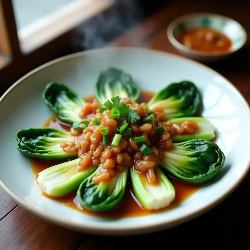Plato blanco con bok choy baby al vapor bañado en salsa de ostiones y jengibre, decorado con semillas de sésamo y cilantro fresco. Receta china saludable y vibrante.