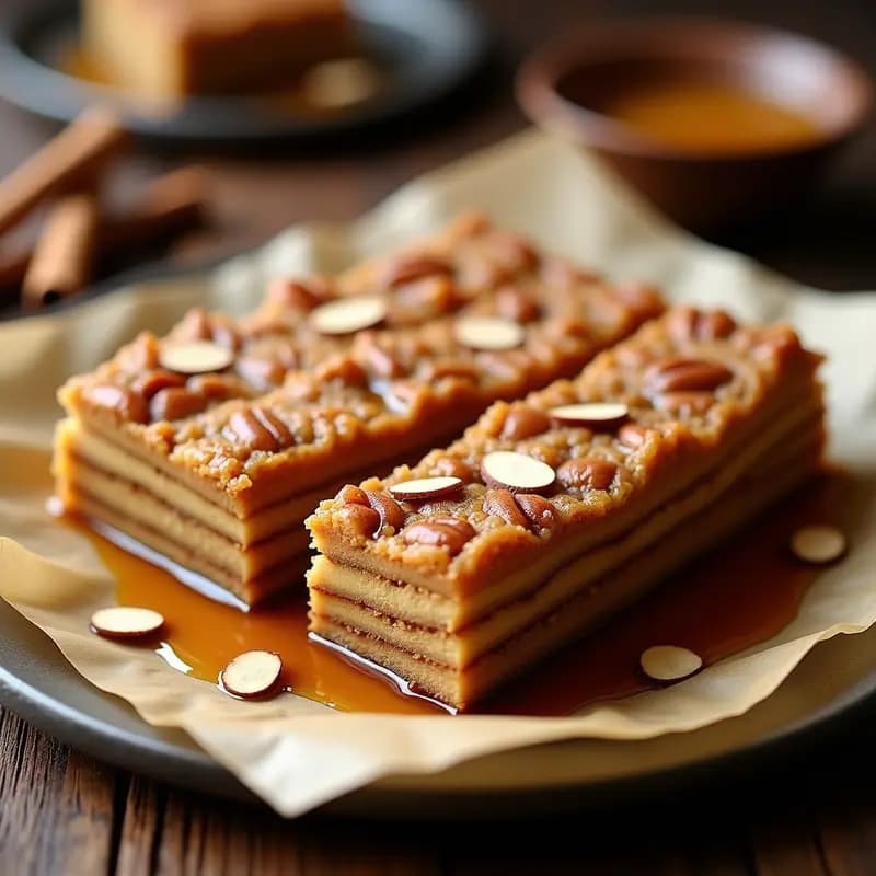 Bandeja de bakava griega sin harina con capas doradas de nueces y canela, bañadas en almíbar de miel de tomillo, decoradas con almendras fileteadas y servidas en porciones romboidales sobre papel de horno rústico.
