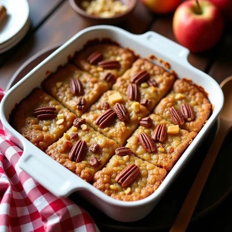 Baked oatmeal de manzana y canela sin azúcar en molde rectangular, con trozos de manzana dorada y nueces pecanas tostadas por encima, servido en porciones cuadradas sobre fondo rústico de madera.
