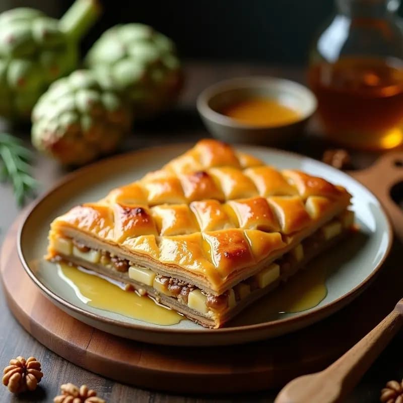 Baklava salado de alcachofas y nueces con capas doradas de masa filo, relleno cremoso de queso feta y nueces, y un brillo de miel de romero. Plato rústico con toques crujientes y corte en diamante.