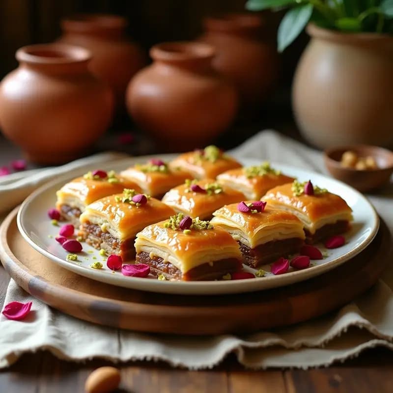 Baklava griego sin azúcar ni gluten cortado en rombos, con capas doradas de almendras y coco, bañado en sirope brillante de dátiles y decorado con almendras fileteadas.