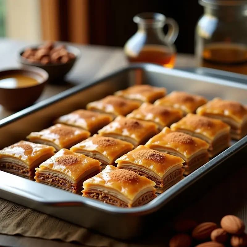 Baklava griego de almendras y jarabe de arce en bandeja rectangular, cortado en diamantes dorados y brillantes, con capas de filo crujiente y almendras tostadas visibles. Jarabe de arce glaseado sobre la superficie y espolvoreado con canela.