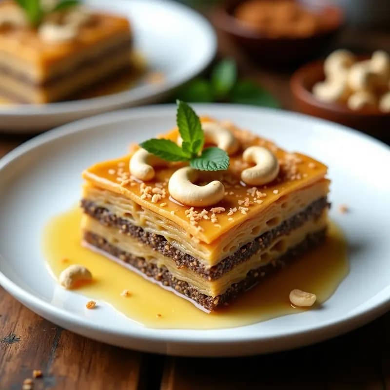 Bandeja dorada con baklava de anacardos y miel de agave cortado en diamantes, capas crujientes de hojaldre de almendra, espolvoreado con semillas de sésamo y bañado en sirope brillante, postre griego keto-friendly.
