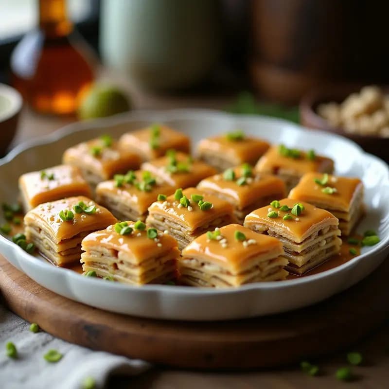 Baklava griego vegano en molde rectangular, cortado en diamantes dorados, con capas crujientes de hoja de filo integral, anacardos tostados y bañado en almíbar brillante de miel de agave. Decorado con pétalos de rosa y canela espolvoreada.
