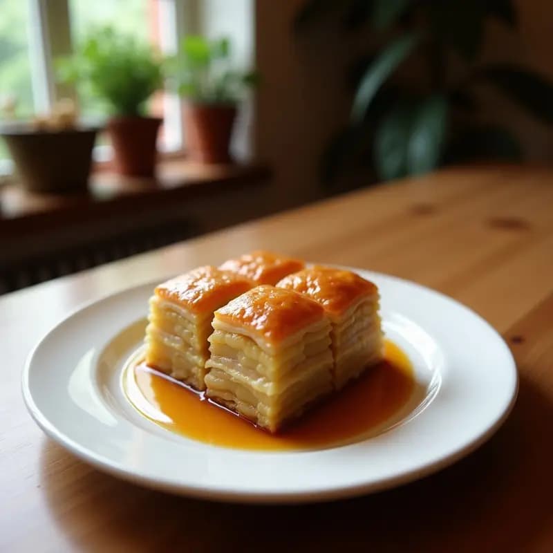 Bandeja dorada con baklava de avellanas y miel de agave cortado en diamantes, bañado en sirope brillante con toques de agua de rosas, sobre fondo rústico de madera con avellanas enteras y pétalos de rosa esparcidos.