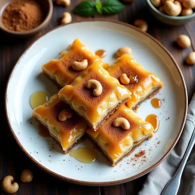 Baklava de coliflor y anacardos con sirope de stevia en molde rectangular, capas doradas y crujientes con trozos de anacardos tostados, postre griego keto sin azúcar servido en porciones cuadradas sobre plato blanco.