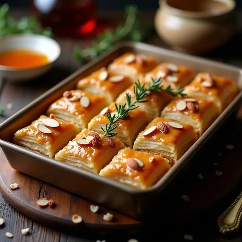 Bandeja de baklava griego con capas doradas de masa phyllo, nueces tostadas y almíbar brillante de miel de tomillo. Decorado con almendras fileteadas y hojas de tomillo fresco sobre fondo rústico de madera.