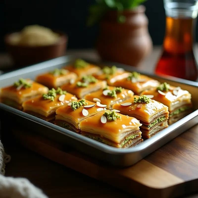 Baklava griego de pistacho y miojo en capas crujientes, con sirope dorado y semillas de sésamo negro, servido en plato de cerámica blanca sobre fondo rústico de madera.