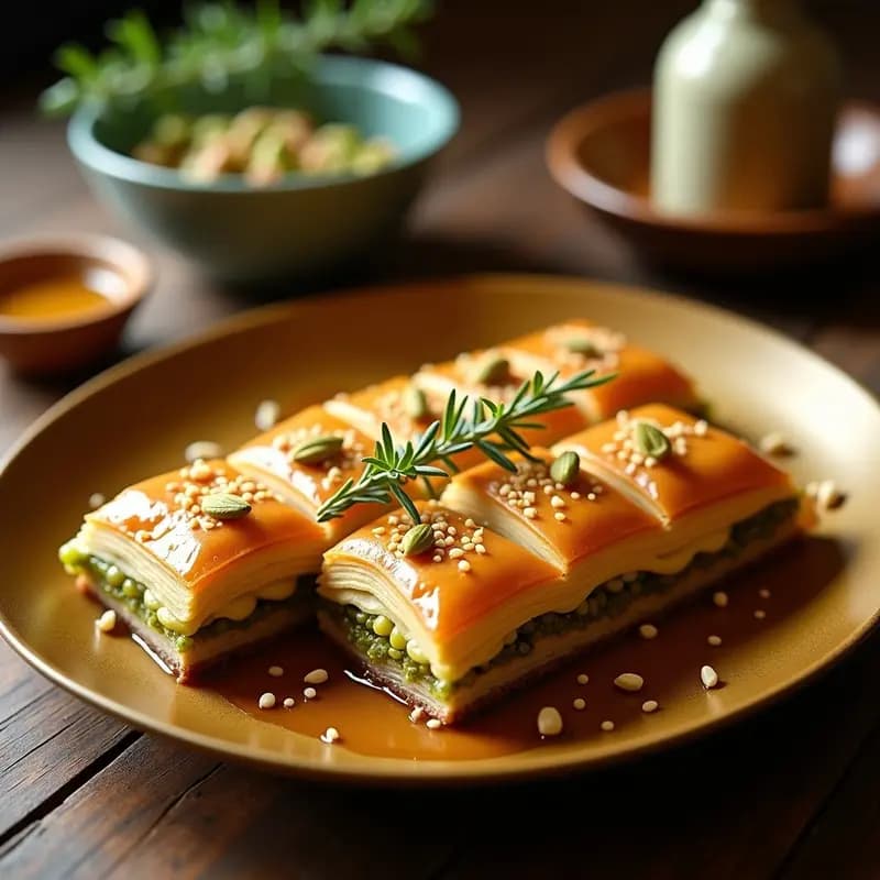 Baklava de queso halloumi y pistachos en bandeja dorada, con capas crujientes de filo, halloumi fundente, pistachos picados y sésamo dorado brillando bajo un hilo de miel de azahar. Postre turbo salado con texturas contrastadas.