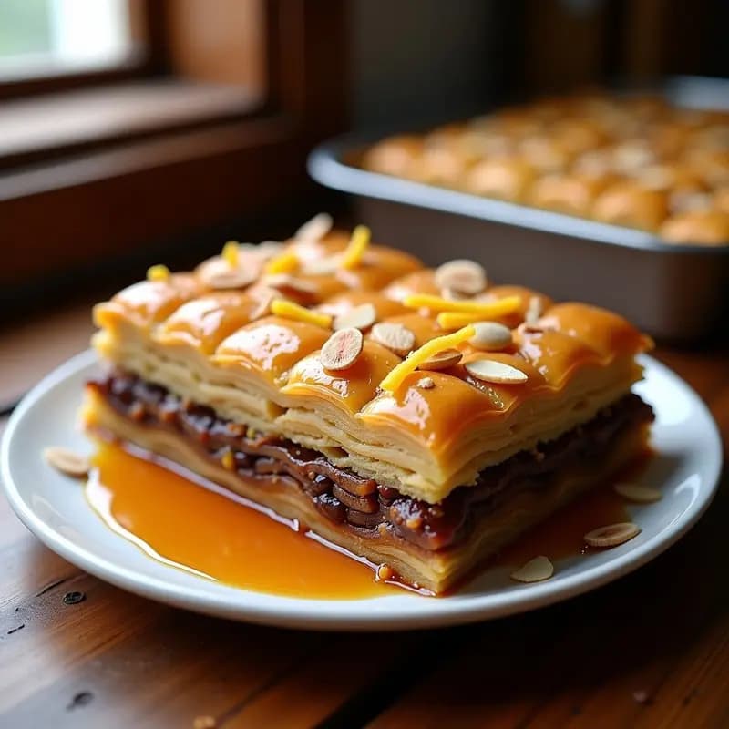 Baklava de higos y almendras con sirope de arce servido en bandeja rectangular, capas doradas y crujientes de masa filo con relleno oscuro de higos y almendras, bañado en sirope brillante, decorado con almendras fileteadas y rodajas de naranja.