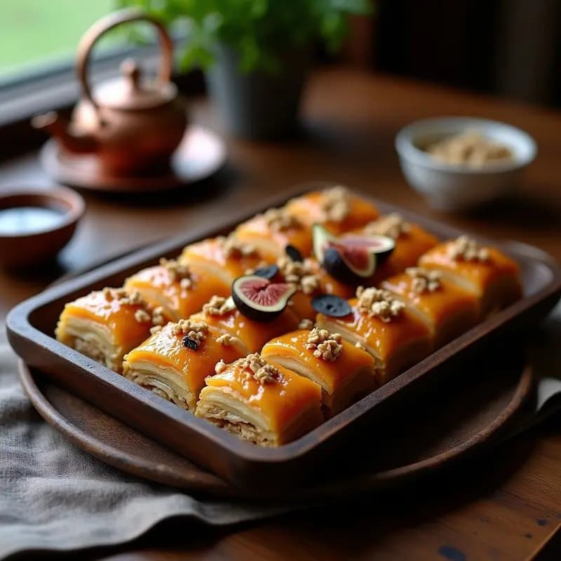 Baklava de higos y nueces con miel de trufa en molde rectangular, capas doradas y crujientes con almíbar brillante, decorado con hebras de azafrán y trozos de trufa negra, postre turco-iraní de lujo sobre fondo rústico de madera oscura.