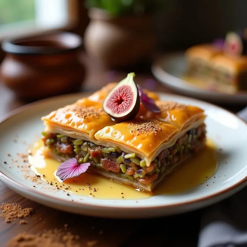 Baklava griego en porción diamante con capas doradas de masa filo, relleno de higos y pistachos, bañado en miel de lavanda brillante y decorado con semillas de sésamo y pétalos de rosa.