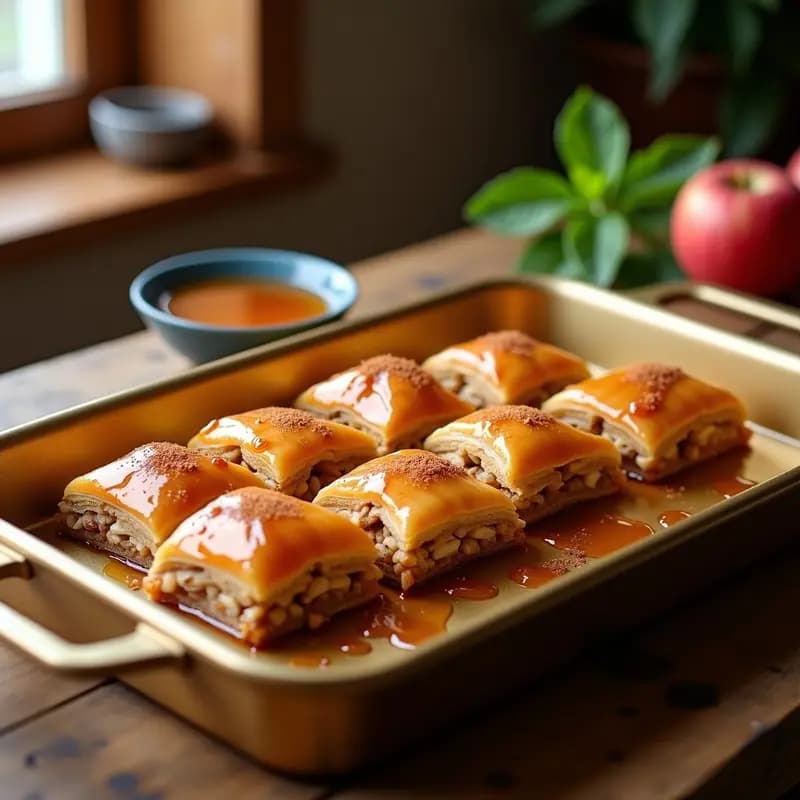 Baklava griego sin azúcar con capas doradas de masa filo, relleno de manzana rallada y nueces de pecana, bañado en sirope de arce brillante. Servido en porciones romboidales sobre un plato de cerámica blanca con hojas de menta.