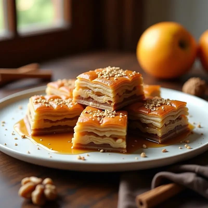 Baklava griego de manzana y nueces sin azúcar, cortado en diamantes dorados, con capas crujientes de masa filo, relleno de manzana caramelizada y nueces, bañado en sirope de dátiles brillante y espolvoreado con semillas de sésamo, servido en plato blanco rústico.