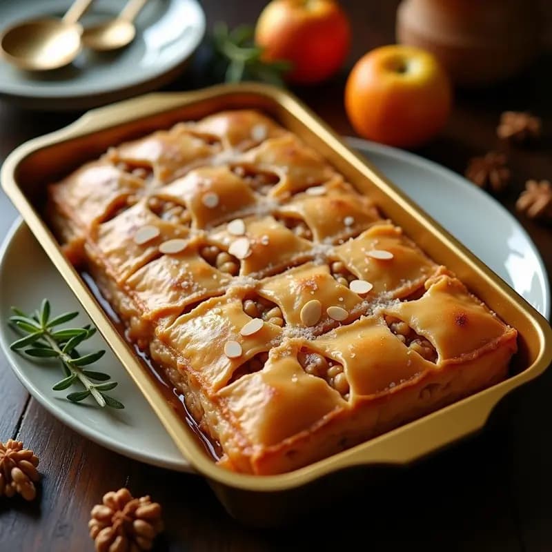 Bandeja dorada con baklava de manzana y nueces sin miel cortado en diamantes, capas crujientes de masa filo, relleno visible de nueces y manzana asada, decorado con almendras fileteadas y espolvoreado con canela.