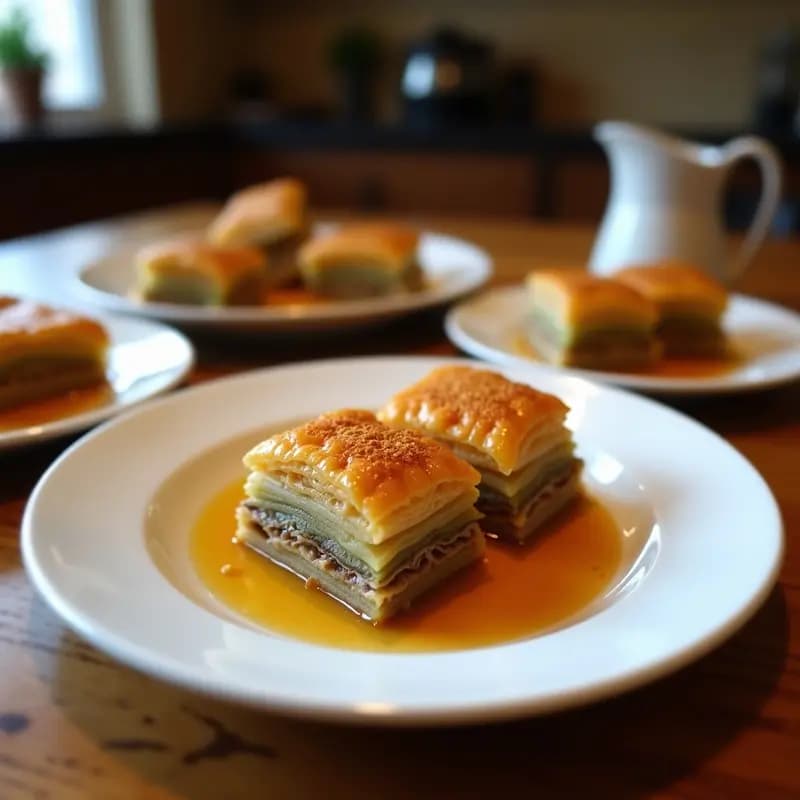 Baklava de New York con nuez y miel de arce en molde rectangular, capas doradas y crujientes de filó sin harina refinada, cortado en diamantes y bañado en almíbar brillante, decorado con semillas de sésamo negro sobre fondo rústico de madera.