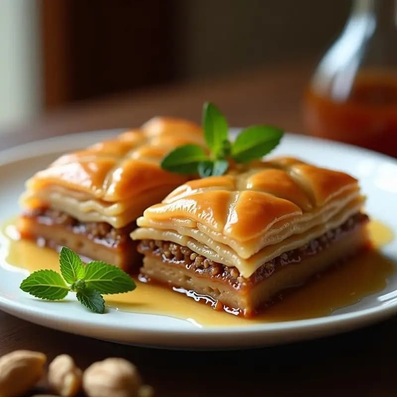 Baklava griego en porción romboidal, capas doradas y crujientes de masa filo rellenas de nueces y canela, bañadas en sirope de agave brillante. Presentado en plato blanco con pétalos de rosa y espolvoreado de canela.
