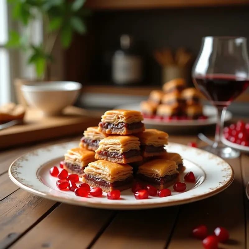 Bandeja dorada con porciones de baklava de nueces y miel de granado, capas crujientes de masa filo bañadas en almíbar brillante, decoradas con semillas de granado y pistachos picados, con un toque de cardamomo y agua de rosas.
