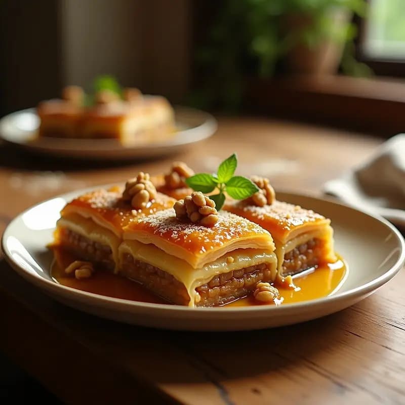 Bandeja rectangular de baklava griego con capas doradas y crujientes de filó, rellenas de nueces y bañadas en miel de tomillo, decoradas con almendras fileteadas y trozos en forma de diamante.