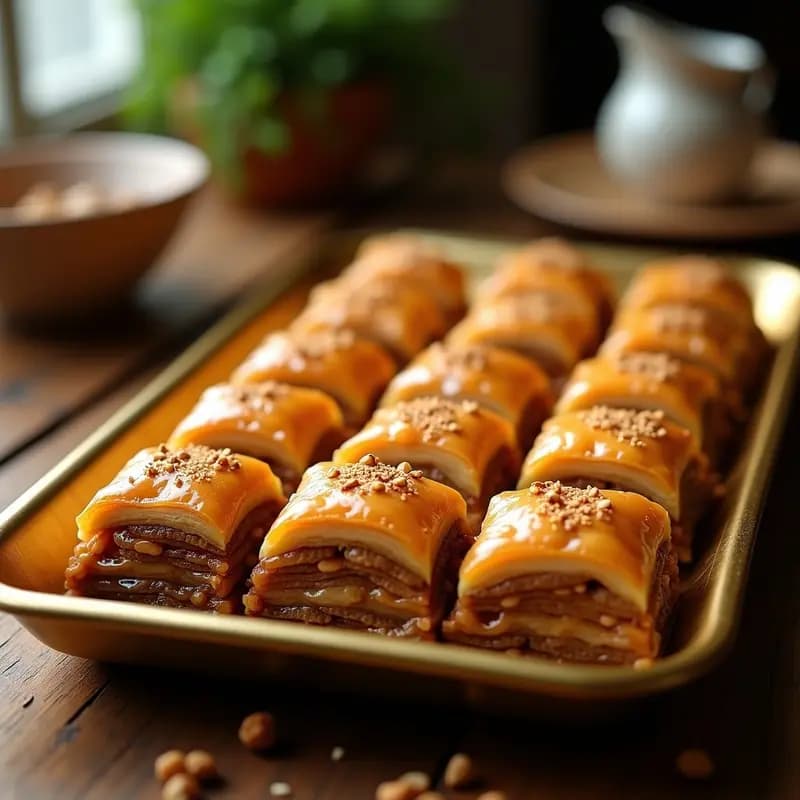 Bandeja de baklava griego tradicional cortado en diamantes, con capas doradas de masa phyllo crujiente, relleno de nueces y bañado en almíbar de miel dorada. Decorado con pistachos picados y pétalos de rosa sobre fondo rústico de madera.
