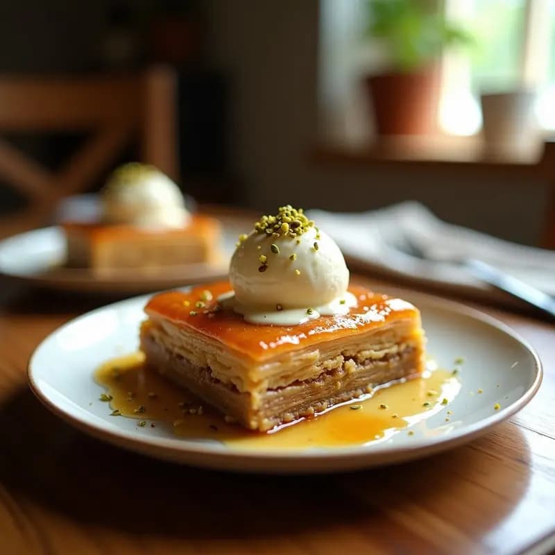 Bandeja dorada con porciones de baklava de nueces y miel en forma de diamante, bañadas en almíbar brillante, acompañadas de una bola de helado de vainilla sin lactosa y almendras fileteadas tostadas. Postre árabe gourmet sin lactosa.