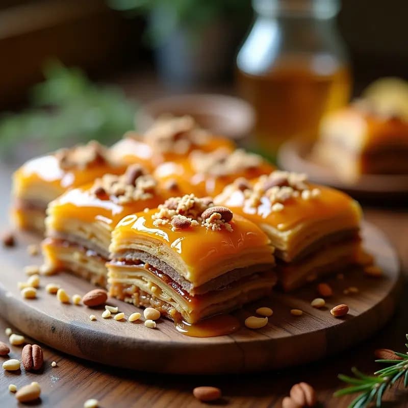 Baklava griego sin harina en porciones romboidales, con capas doradas de hojaldre de almendra, nueces tostadas y bañado en miel de tomillo brillante, decorado con almendras fileteadas.
