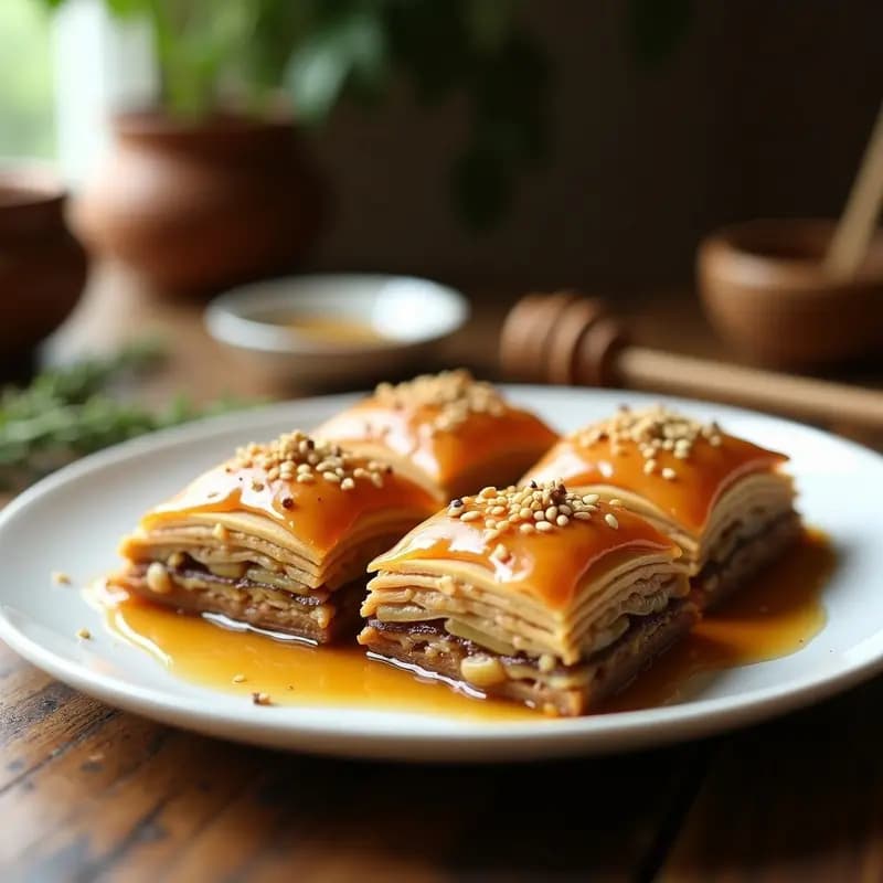 Baklava de nueces y miel de tomillo servido en bandeja de cobre sobre fondo rústico, con capas doradas de phyllo, almendras fileteadas y jarabe brillante de miel aromática.