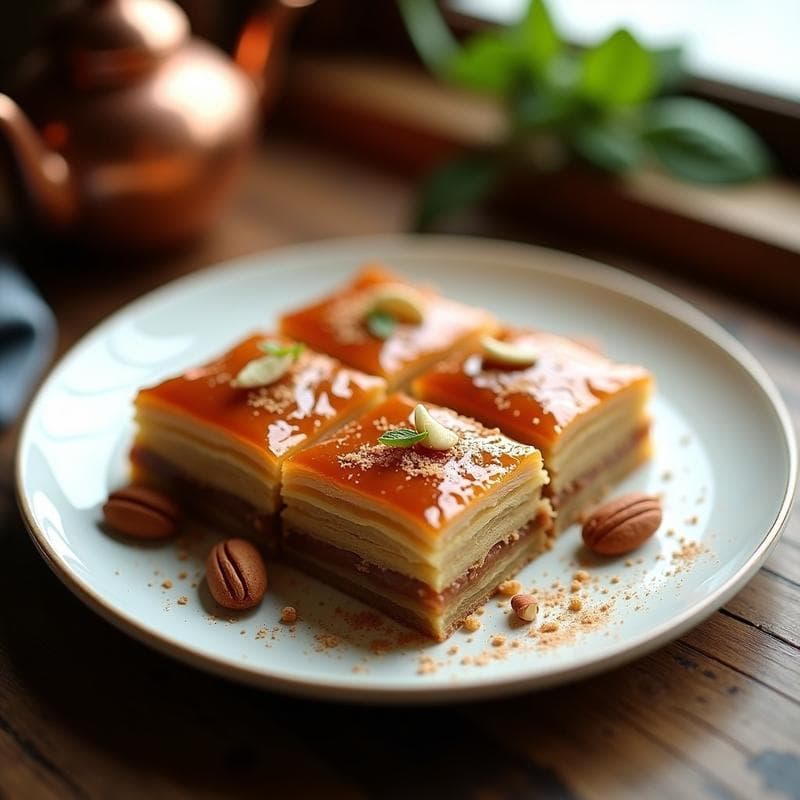 Baklava keto de nuez de Brasil y jarabe de arce en porciones romboidales, dorado y brillante, con capas crujientes de masa filo y almíbar aromático, servido en plato blanco con canela espolvoreada.