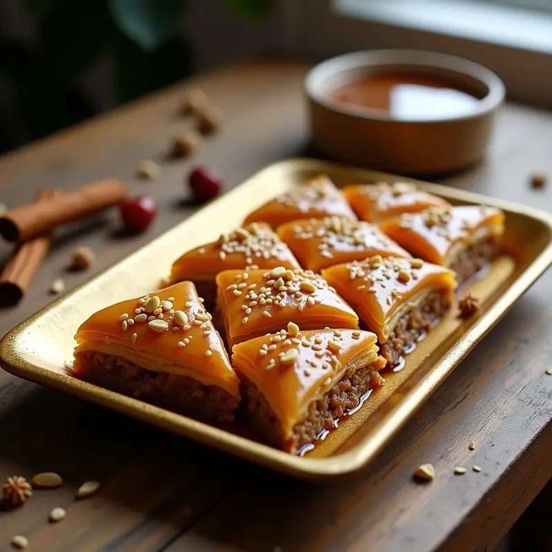 Bandeja de baklava griego en forma de diamante, dorado y crujiente, con capas visibles de masa filo integral, relleno de nueces especiadas y bañado en miel de dátiles brillante. Decorado con pistachos picados y semillas de sésamo tostadas.
