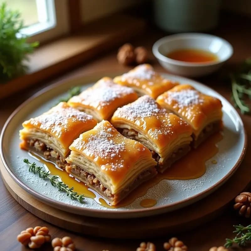 Baklava de Nuez y Miel con Hojaldre Casero en molde rectangular, capas doradas y crujientes bañadas en almíbar brillante, cortado en diamantes y espolvoreado con canela, sobre fondo rústico de madera.