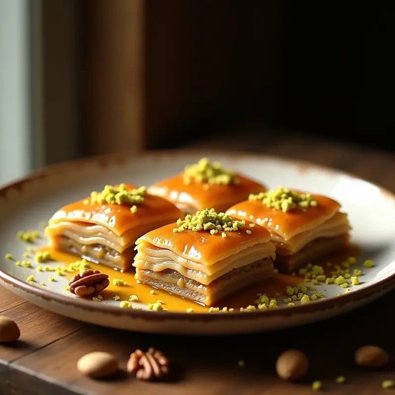Baklava turco en forma de diamante con capas doradas y crujientes, relleno de nuez y pistacho, bañado en almíbar brillante de miel de flores, decorado con pistachos picados y servido en fuente de cerámica blanca.
