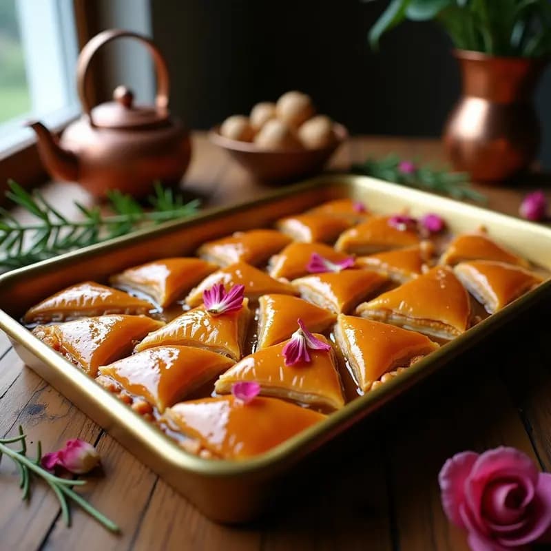 Bandeja dorada con baklava de nuez y rosa con miel en capas ultra crujientes, decorado con pétalos de rosa comestibles y semillas de sésamo, con un brillo caramelizado.