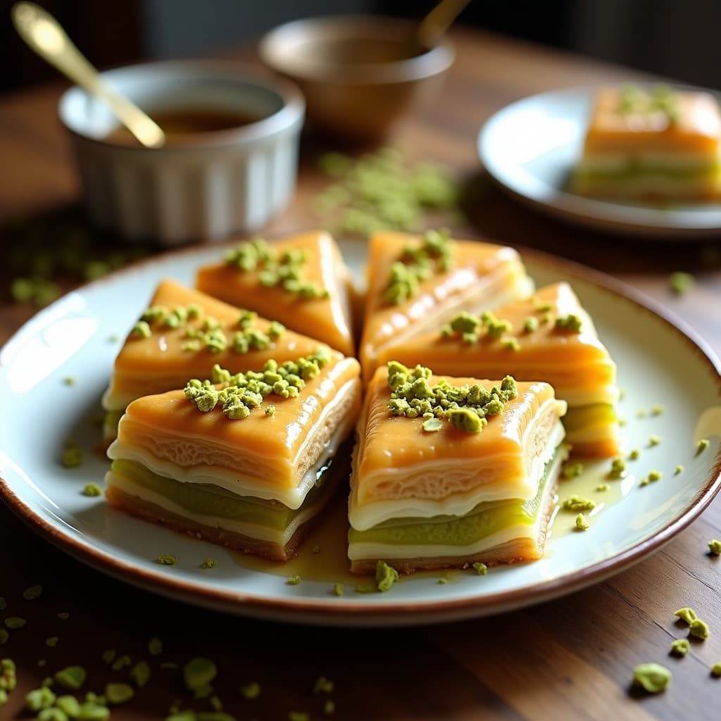 Baklava de pistacho keto sin azúcar cortado en diamantes, con capas doradas y crujientes de masa filo, cubierto de almíbar brillante y decorado con pistachos picados y agua de rosas.