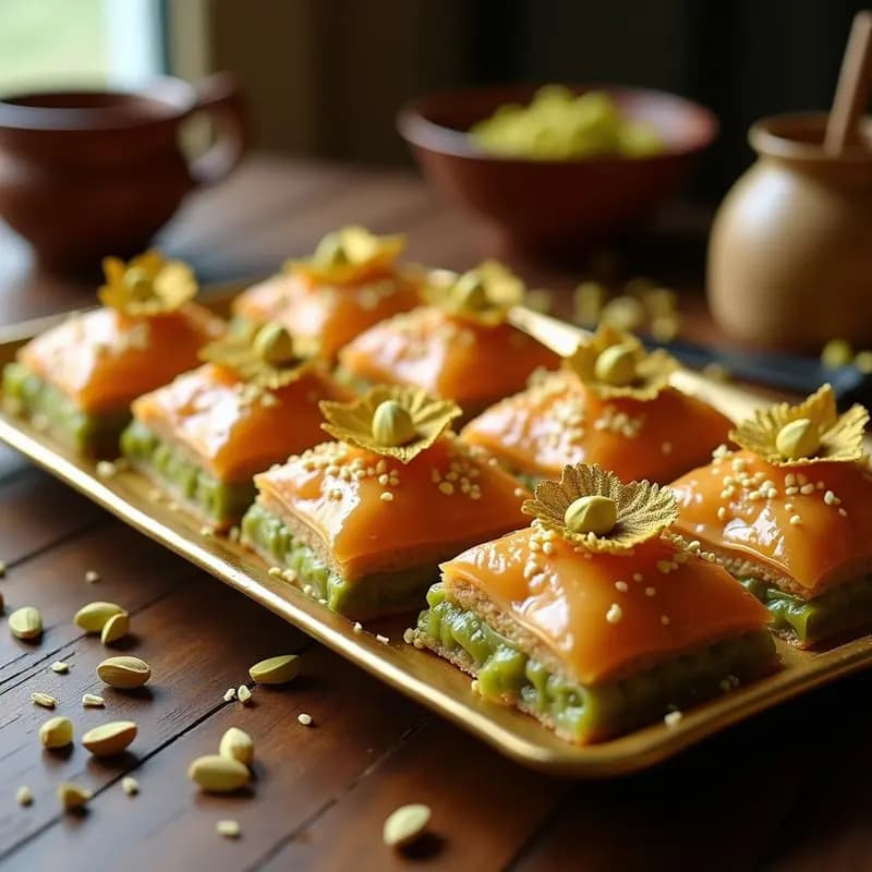 Baklava de pistacho y miel con hoja de oro comestible, postre turco de lujo sin lácteos, capas doradas y crujientes con decoración dorada brillante.