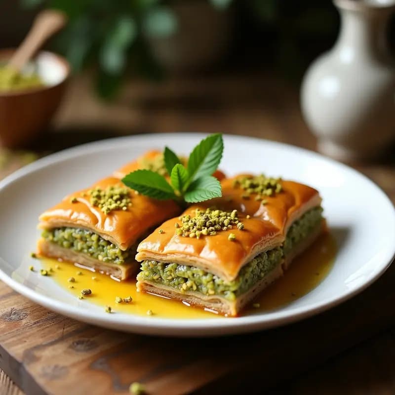 Baklava griego en airfryer con capas doradas de hojaldre de almendra, relleno de pistacho picado y bañado en miel de tomillo, servido en fuente de cerámica blanca con hojas de menta fresca.