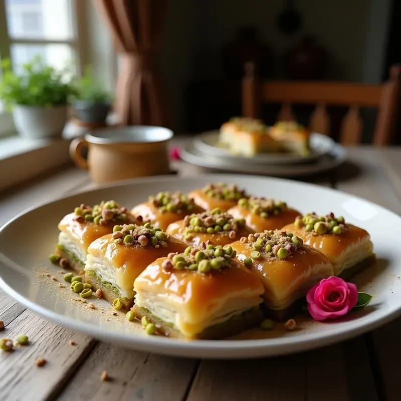 Bandeja dorada de baklava griego cortado en diamantes, con capas crujientes de masa filo, pistachos picados y sirope de miel brillante. Decorado con semillas de sésamo y pétalos de rosa, sobre fondo rústico de madera.