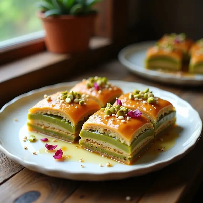 Bandeja de baklava griego sin harina cortado en rombos dorados con 4 capas crujientes visibles, bañado en miel brillante y espolvoreado con pistachos picados, sobre fondo de madera rústica.