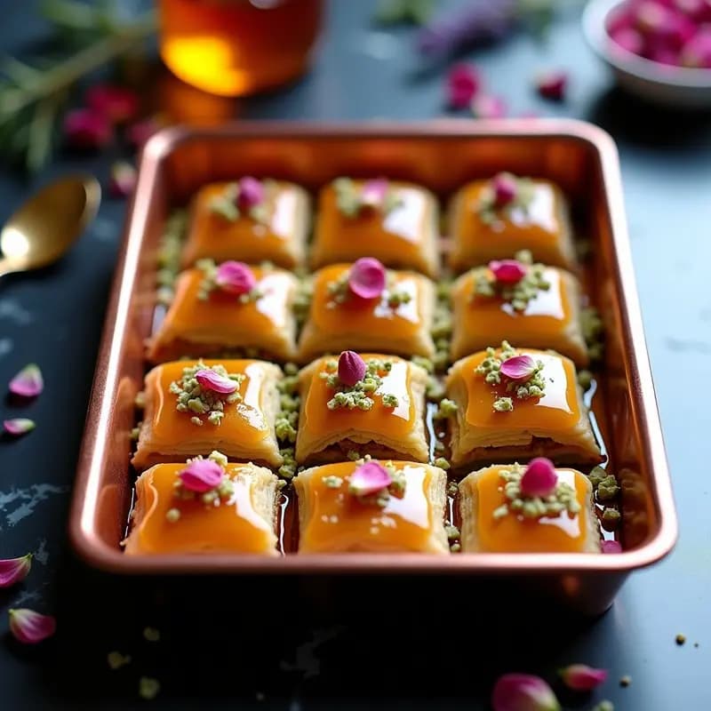 Bandeja dorada con Baklava de Pistacho y Rosa con Miel de Lavanda, cortado en diamantes, con capas crujientes de filo sin harina, pétalos de rosa esparcidos y un brillo dorado del almíbar de miel. Postre persa gourmet sobre fondo oscuro.