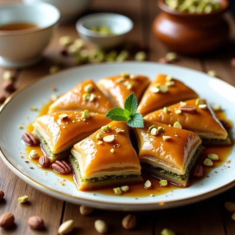 Bandeja dorada de baklava griego keto cortado en diamantes, con capas crujientes de filo bajo en carbohidratos, relleno de pistacho, almendra y nuez, bañado en sirope de estevia y decorado con pistachos picados.
