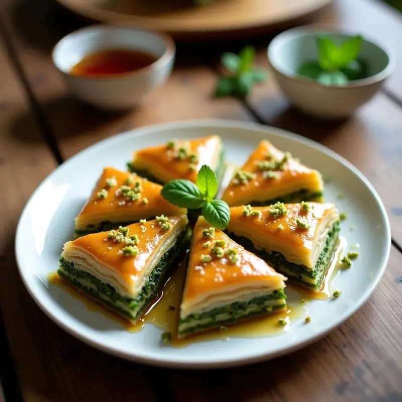 Baklava griego en porciones diamante sobre plato blanco, con capas doradas de masa filo, relleno verde de New Zealand Spinach y pistachos picados, bañado en sirope brillante. Postre sin azúcar.