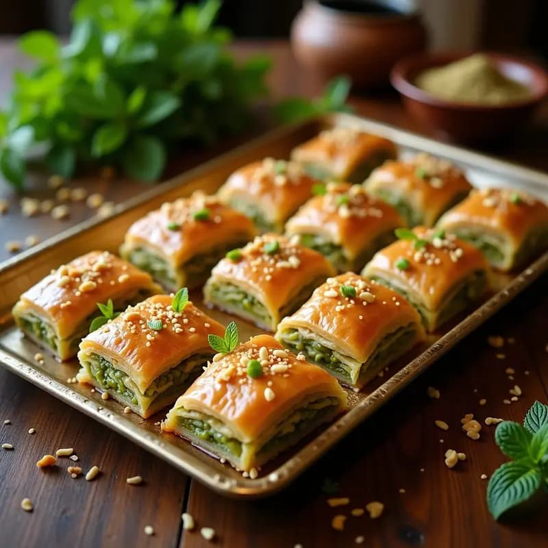 Bandeja dorada con baklava de pistacho y miel de zaatar cortado en rombos, con capas crujientes de masa filo y semillas de sésamo tostadas por encima, postre griego aromático.