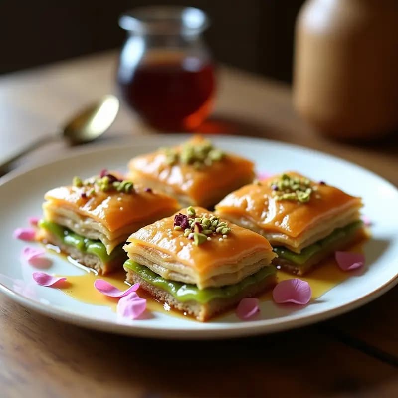 Baklava de pistachos con sirope de rosa servido en plato blanco, capas doradas y crujientes con trozos de pistacho verde y pétalos de rosa rosados, postre turco sin horno.