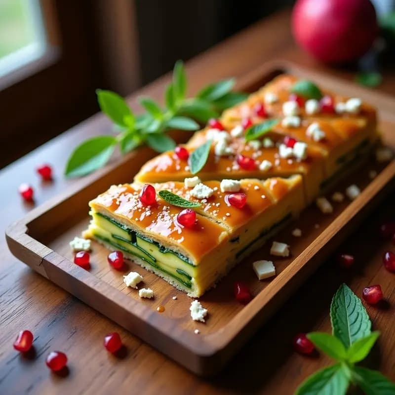 Baklava de zucchini y queso feta con sirope de granada servido en bandeja de madera, capas doradas de masa filo, zucchini laminado y queso feta desmenuzado, bañado en almíbar brillante de granada y decorado con pistachos picados.