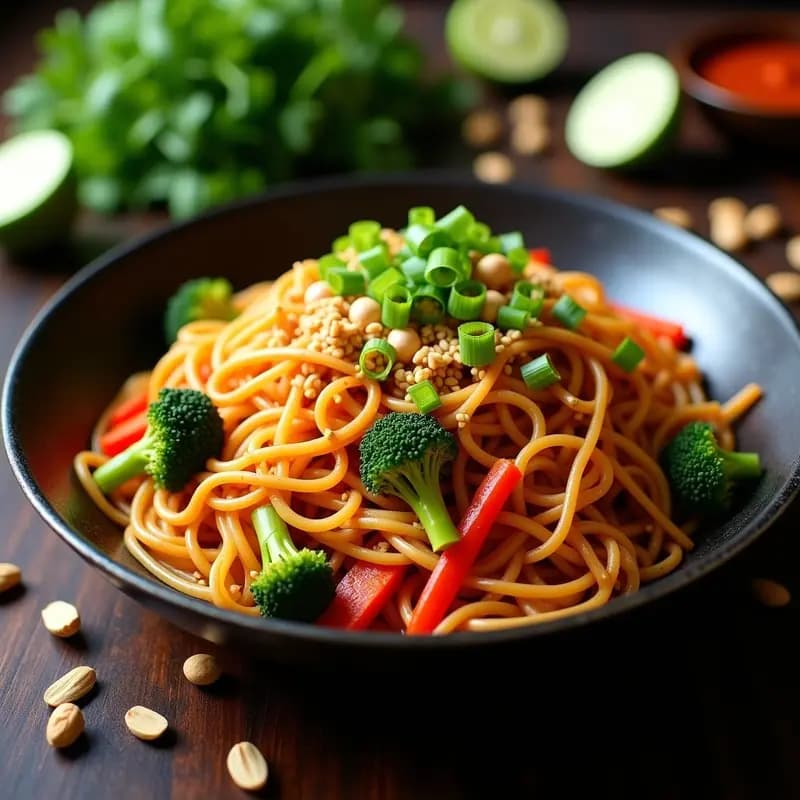 Wok de acero brillante con Bakmi Goreng: fideos de arroz dorados salteados con zanahoria, pimiento rojo, brócoli y huevo revuelto, decorado con cebollino fresco y cacahuetes tostados. Receta indonesia de wok fácil y colorida.